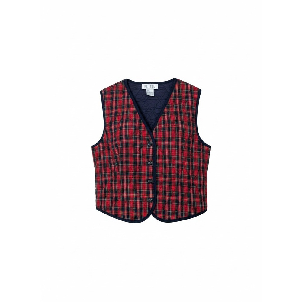 Petite Sophisticate Red Plaid Quilted Vest Small Button Front V-Neck Cotton